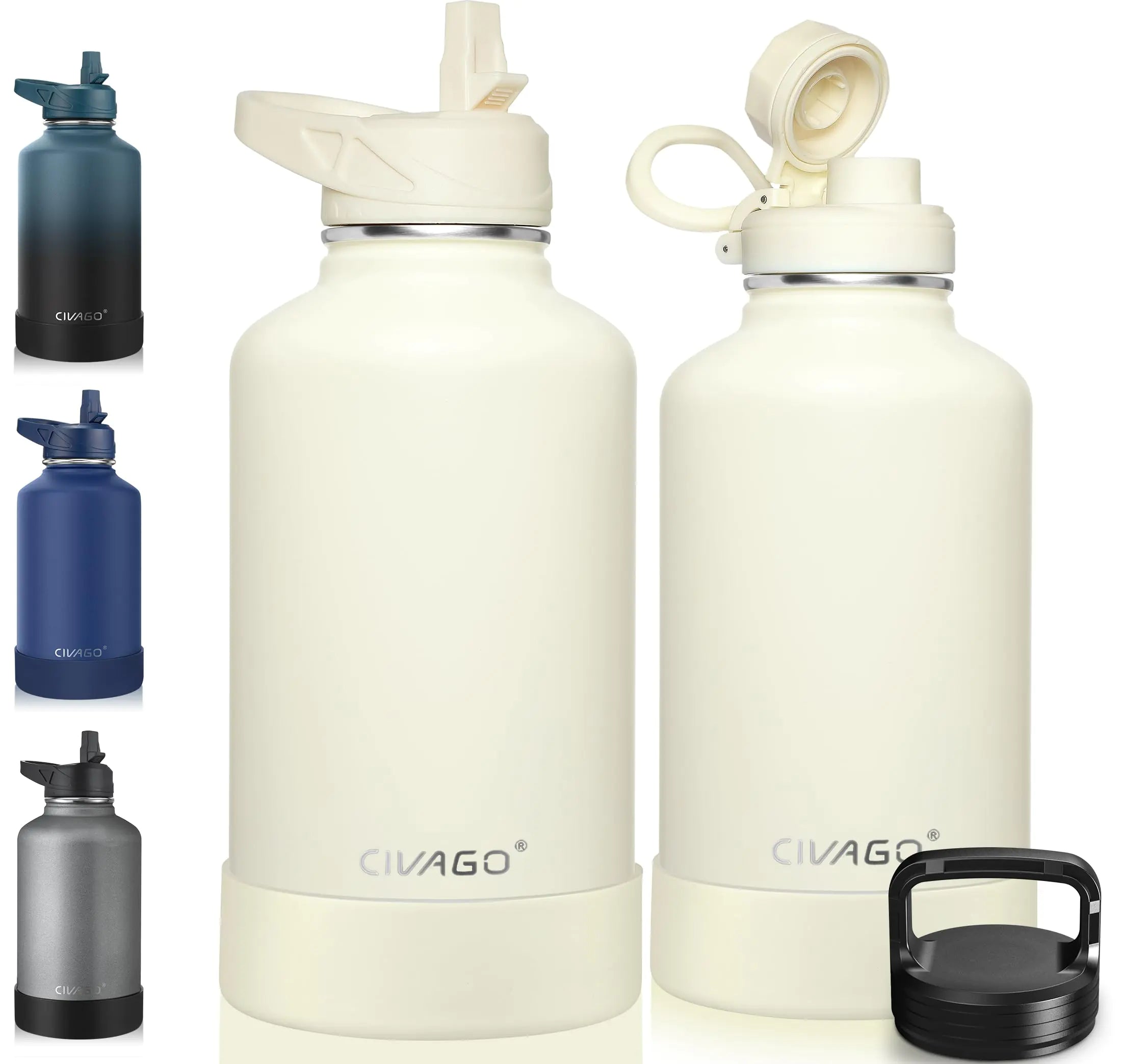 CIVAGO 64 oz Insulated Water Bottle With Straw Half Gallon Stainless Steel Sports Water Flask Jug with 3 Lids (Straw Spout and Handle Lid) Large Metal Thermal Cup Mug Cream